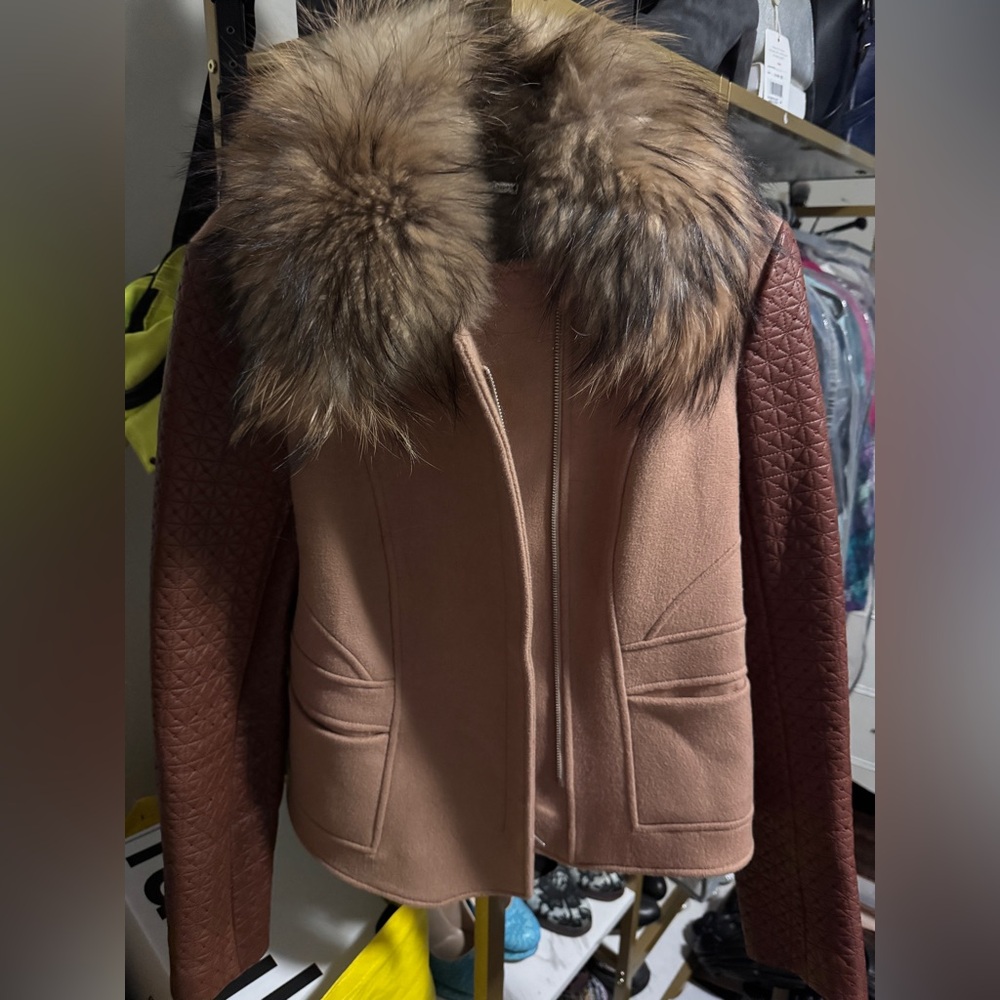 DIANE VON FURSTENBERG Wool and Lamb leather biker jacket with fur collar